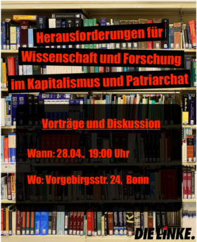 Im Vordergrund Name der Veranstaltung, Zeit- und Ortsangaben in roter Schrift auf schwarzem Hintergrund, im Hintergrund ein hohes Bücherregal, mit Büchern gefüllt