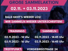Im Hintergrund ist ein Foto von mehreren Menschen zu sehen, die vor einem Gebäude stehen und Flyer sowie Unterschriftenlisten hochhalten; alles ist in dunkelblau-schwarzen Farben gehalten, daher nur schemenhaft zu erkennen. Im Vordergrund ist mit blauer und weißer Schrift, entweder auf pinkfarbenem Grund oder direkt auf dem Bild-Hintergrund, zu lesen: "GROßE SAMMELAKTION 02.11. + 03.11.2023! BALD GEHT'S WIEDER LOS! WIR SAMMELN WIEDER UNTERSCHRIFTEN! TRAININGS: 02.11.2023 14 Uhr, SAMMELN 14:45 Uhr, 03.11.2023 16 Uhr, SAMMELN 16:45 Uhr TREFFPUNKT: VORGEBIRGSSTRAßE 24, 53111 BONN“.
