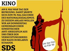Zu sehen ist links ein Text zur Beschreibung der Veranstaltung, rechts die in rot-schwarz gehaltene Silhouette eines Sowjetsoldaten mit Kalaschnikow.