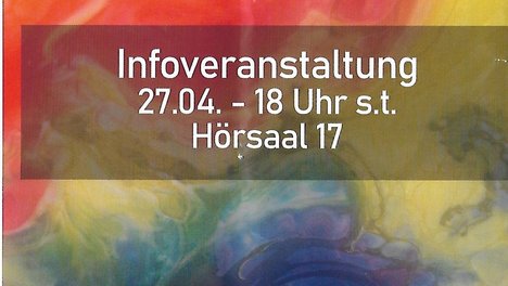 Flyer mit farbigem Hintergrund, Name der Veranstaltung, Orts- und Zeitangabe