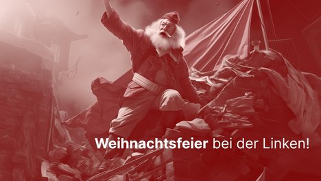 Auf dem Bild, das ganz in rötliche Farben getaucht ist, ist ein Weihnachtsmann mit Jakobinermütze im Guerilla-Kampfanzug zu sehen, der auf einer Barrikade steht und die rechte Hand zu einer Faust erhoben hat; im Hintergrund Nebel und alte, abbruchreife Gebäude. In weißer Kursivschrift steht über dem Bild: "All I want for Christmas is the end of Capitalism!", etwas weiter unten in kleiner weißer Schrift "Weihnachtsfeier bei der Linken!" und ganz unten links: "16.12.2023, 18:00 Uhr, Parteibüro Die LINKE, Vorgebirgsstrasse 24, Bonn"; rechts unten in der Ecke das Logo "Die Linke, Kreisverband Bonn"