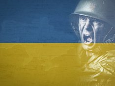 Ukraine-Flagge im Hintergrund, links leicht angedeutet eine Silhouette des Staates Ukraine, rechts halbtransparent und schwarz-weiß Foto eines vor Entsetzen schreienden Soldaten