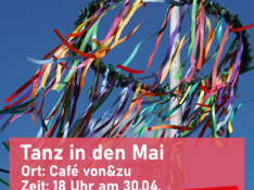 Maikranz mit bunten wehenden Bändern vor blauem Himmel; weiter unten Name der Veranstaltung, Zeit- und Ortsangaben