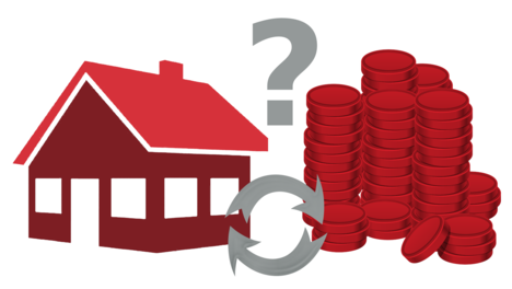 Haus und Geldmünzen im Kreislauf: Das bedeutet: "Wohnraum kostet Geld"