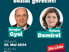Zu sehen ist eine Art Plakat mit dunkel-türkisgrünem Hintergrund, oben versehen mit der Überschrift "Europa - aber sozial gerecht!" in weißer Schrift. Hierbei sind die Worte "Europa" und "sozial gerecht" fett gedruckt. Darunter befinden sich nebeneinander zwei kreisförmige Fotos von Gregor Gysi und Özlem Demirel. Beide Namen sind unterhalb des jeweiligen Bildes auf hell-türkisgrünem Grund mit weißer Schrift vermerkt, wobei der Nachname jeweils in größerer Schrift gedruckt ist. Unten auf dem Sharepic findet sich die Information: "Mittwoch, 22. Mai 2024, 13:30 Uhr, Bonn, Friedensplatz", ebenfalls in weißer Schrift. Das Datum und "Bonn" sind fett gedruckt. Ganz rechts ist noch das Logo der Linken, Kreisverband Bonn, eingefügt.