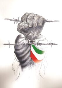 Zeichnung: Eine Hand, in grau gezeichnet, umfasst einen Stacheldraht; am Ärmel sind die iranischen Farben zu erkennen